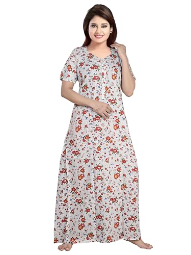 Image of Keyocean Women's Cotton Printed Nighty Night Gown Maxi Free Size (Pack of 2) Grey & White