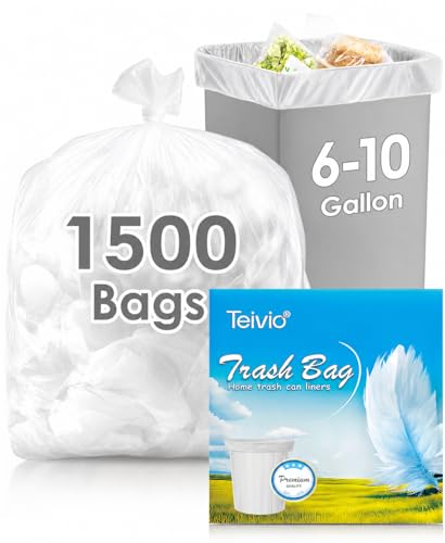 Image of Teivio 6-10 Gallon 1500 Counts Medium Trash Bags,Fit 7,8,9 Gal Garbage Bags, Bathroom Trash Can Bin Liners, Plastic Bags for home office kitchen, Clear