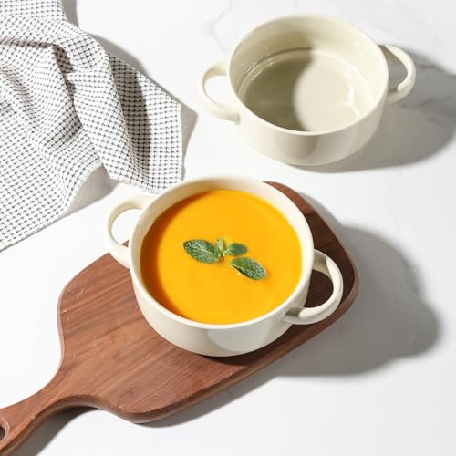 Image of Sweejar Ceramic Soup Bowls with Double Handles, 20 Oz Stacked Bowls for French Onion Soup, Cereal, Pot Pies, Stew, Chill, Pasta, Set of 4(Beige)