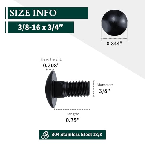 Image of 3 /8-16 x 3 /4 inch Black Steel Carriage Bolts, 304 Stainless Steel 18-8, Round Domed Head Square Neck Carriage Bolts Screws, Coarse Thread UNC, 10 PCS
