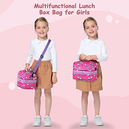 Kasqo Lunch Bag Box For Girls, Insulated Cooler Bag Kids Lunch Tote With Dual Compartments, Pink Kitty #TOP5