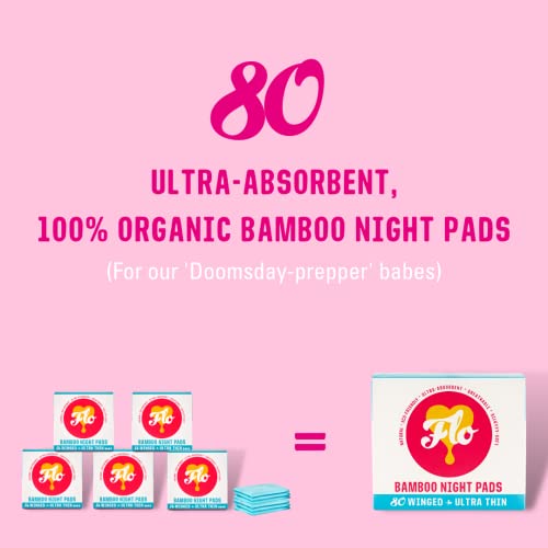 Flo - Mega Pack Of Bamboo Night Pads, Winged & Ultra-Thin, Feminine Period Care, Organic Menstrual Products, Plant-Based, Plastic-Free, Sanitary Napkins, Women, Black-Owned, Compostable, 80 Count #TOP1