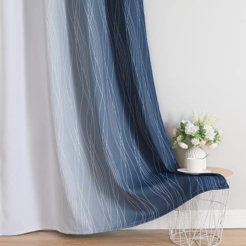 Estelar Textiler Navy Blue and Greyish White Blackout Curtains 45 Inch Length, Light Blocking Gradient Drapes for Kitchen, Thermal Insulated Grommet Ombre Curtains for Bathroom,42Wx45L,2 Panels