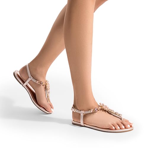 Image of DREAM PAIRS Women's Rhinestone Flat Sandals | Thong Sparkle Dressy Comfortable Adjustable Ankle Strap Sandals for Summer Beach Vacations Wedding Holiday Party
