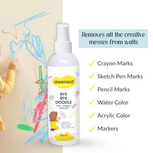 Image of Awenest Magic Eraser, Bye Bye Doodle Cleaning Spray Combo | Plant-Based Mark Remover for Crayon, Watercolor, Sketch Pen & Fresh Fabric Colors | For Smooth Painted Walls, Laminates & Tiles