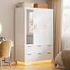 PAKASEPT 4-Door Armoire Wardrobe With Mirror & LED Light - Wooden Storage Closet For Bedroom