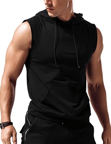 Babioboa Herren Hooded Tank Top Ärmelloser Workout Funktionsshirt Sport Fitness Hoodie Muskelshirt für Gym Training Schwarz XL