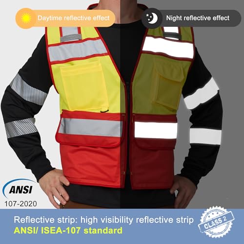 Image of High Vis Reflective Safety Vest for Men Women Zipper Ipad Pockets Mesh Construction Apparel Neon Vest for Work