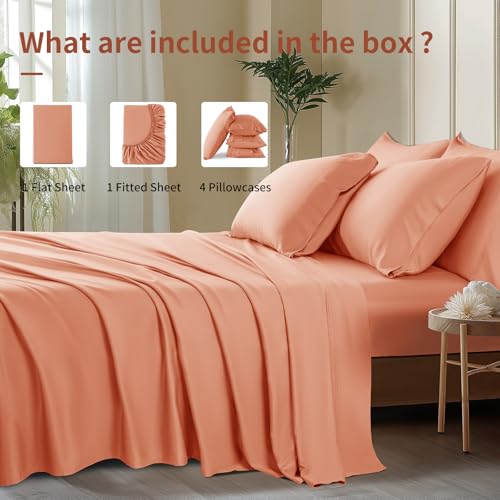 Image of Shilucheng 6 Piece Queen Sheet Sets, Cooling Sheets, Blend Rayon Derived from Bamboo, Deep Pocket Up to 16 inch, Breathable & Soft Bed Sheets, Hotel Silky Bedding Set, Coral
