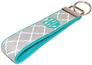 Monogrammed Grey Mint Keychain Quatrefoil Fabric Key Fob
