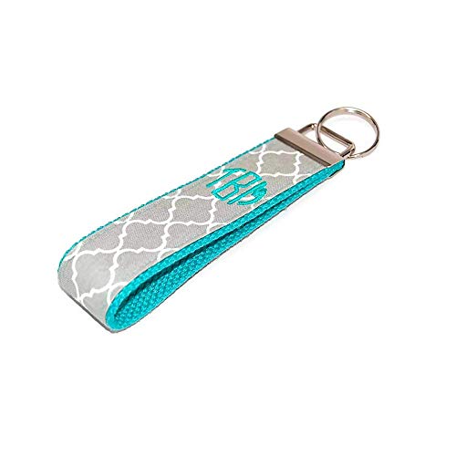 LiliesBoutique Monogrammed Grey Mint Keychain Quatrefoil Fabric Key Fob