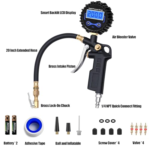 Image of Digital Tire Pressure Gauge with Inflator, 200 PSI Air Compressor Attachment Inflation Gun with Heavy Duty 360 Air Chuck & Extended Hose and Quick Connect Coupler, Improved Leaks Protection