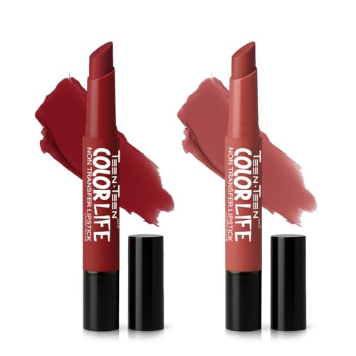 Image of TEEN TEEN Color Life Nontransfer Crayon Lipstick |Matte Finish with Built-in Primer |Waterproof & Long Lasting Lip Color |Smudge-Proof, Fade-Resistant Formula |Combo Color (Red Wine, Coral Pink)