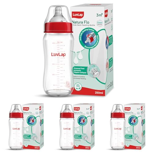 Image of LuvLap Natura Flo Wide Neck Glass Feeding Bottle, New Born /Infants /Toddler Upto 3 Years, BPA Free, Ergonomic Shape is Easy to Hold, with Anti Colic Nipple, 250ml (Pack of 4)