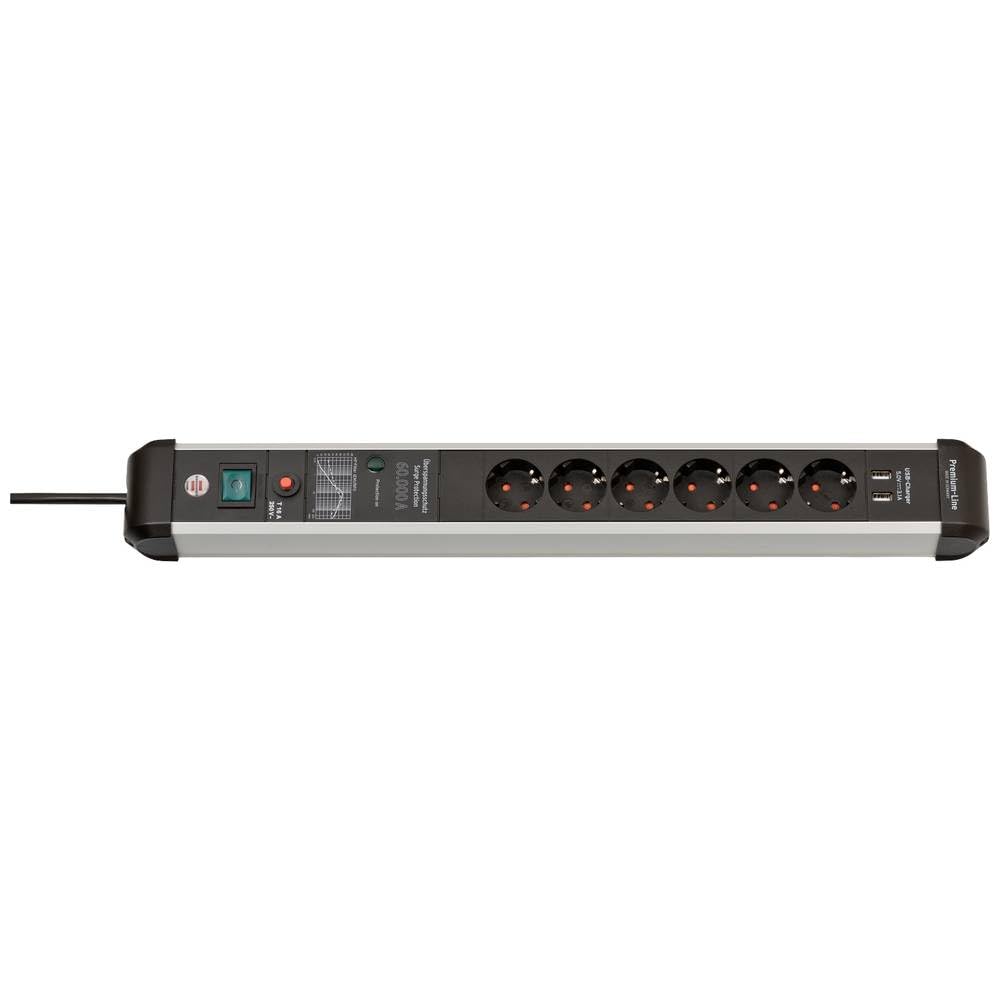 Brennenstuhl Premium Protect-Line listwa zasilająca z 6 gniazdami z USB i ochroną przed przepięciem (kabel 3 m, 2-drożne USB 3,1 A, z przełącznikiem, Made in Germany), srebrna/czarna