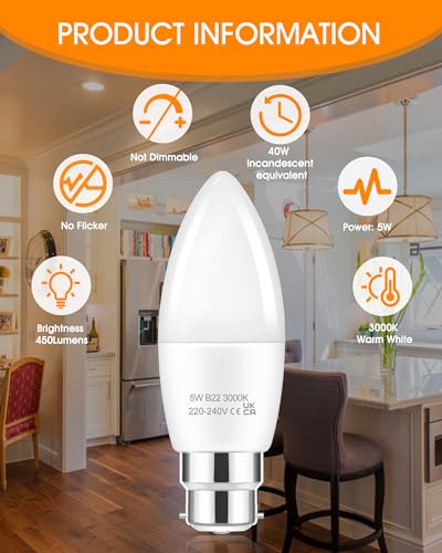EvaStary B22 Candle Bayonet Light Bulb, 5W (40W Equivalent) B22 LED Bulbs Warm White 3000K, C37 LED Bayonet Candle Cap - Image 2