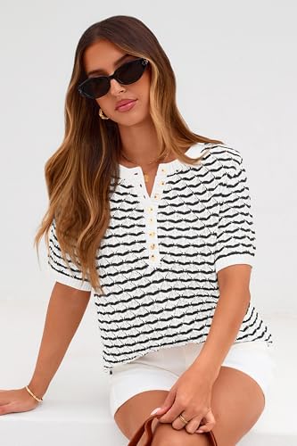 Image of PRETTYGARDEN Womens Knit Summer Tops Button Short Sleeve Sweater Casual Crewneck Chevron Henley Shirts Dressy Work Blouses
