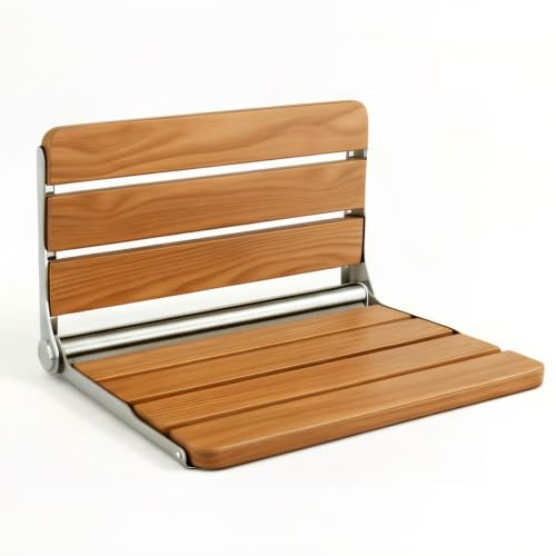 Foldable Shower Seat Wall Mounted 16 inches Wide, Teak Folding Shower Bench for Small Shower Spaces