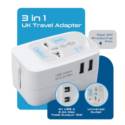 Image of Ceptics Universal UK Travel Adapter, 3 in 1 Type G Plug Adapter, Universal Travel Accessories 2 USB 2.4A, 100-240 Voltage Travel Charger, Universal Charger Adapter, White