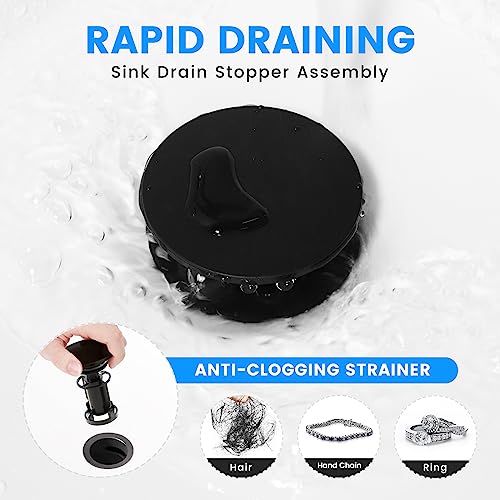 Bathroom Sink Drain With Overflow, Hurran Matte Black Universal Bathroom Sink Stopper For Bathroom Vanity Vessel Sink, Rapid Draining Plastic Pop-Up Sink Drain With Hair Catcher Anti-Clog Strainer #TOP3