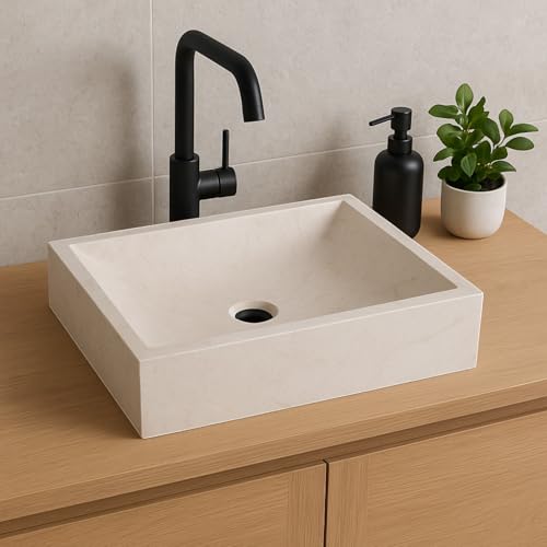 Lendo Online Lavabo rectangulaire 45x30x12 cm - Marbre - Pierre naturelle - Évier de salle de bain - Vasque à Poser de Toilette - Forme et couleur uniques - Brillant et Robust (Crème)