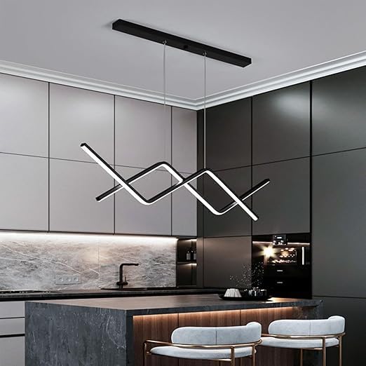 Image of Modern LED Hanging Light Fixture Dimmable Linear Pendant Adjustable Creative Chandelier Interior Lighting Decoration for Dining Rooms Kitchen (Black Three Color dimming)