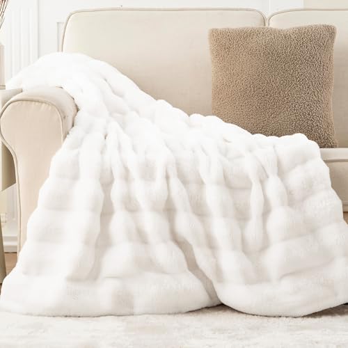 Battilo Cream White Throw Blanket, Rabbit Fur White Blanket for Bed, Couch, Super Soft Mink Ivory Throw Blanket for Home Decor, 50