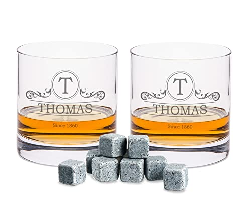 Foto von Leonardo gravierte Whiskygläser & Karaffe im Set - Ornament - 2X Whisky Gläser personalisiert mit Name - inkl. 500 ml Dekanter & 8X Kühlsteine - Geschenk für Papa zum Vatertag