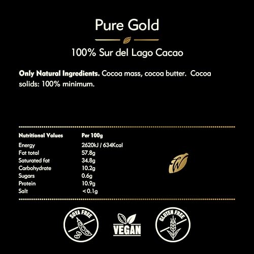 Willie's Cacao - Pure Gold, 100% Cocoa Bar - 40g x 12 - Smooth nutty notes - No added sugar - Vegan chocolate - Artisan made