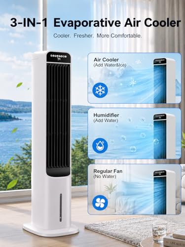 Image of Uthfy 41 Inch Swamp Cooler Air Conditioner, 3-in-1 Portable Air Conditioners with 4 Modes, 3 Speeds, 120 Oscillation, 4 Ice Packs, Removable Water Tank, Cooling Fans that Blow Cold Air with Remote