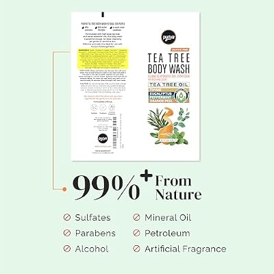 Puriya Tea Tree Body Wash, Use with Jock Itch, Athletes Foot, Body Back Acne Treatment, Moisturizing Natural Wash for Men, Women, Dry Skin, Eucalyptus, Mint Oil Shower Gel Soap