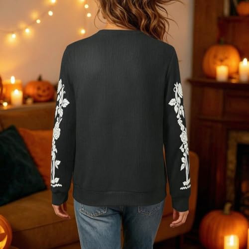Womens Sweaters Halloween Skeleton Floral Graphic Pullover Gothic Clothes - image 3