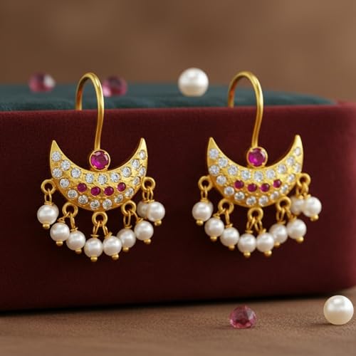 Image of VAMA FASHIONS 18K Gold Plated Anti Tarnish Half Moon Peacock Shape Traditional Maharashtrian Press on Bugadi Upper Ear Clip on Earrings For Women & Girls