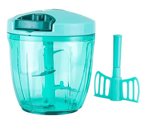 Image of Large Manual Food Chopper with Pull Cord, 5 Stainless Steel Blades - 1000ml Vegetable, Fruit & Onion Cutter (Green)