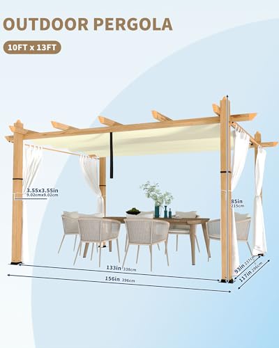 Image of KYBOLT 10x13 Ft Outdoor Pergola with Retractable Canopy Aluminum Gazebo Imitation Wood-Grain Post with Side Mesh Screen Pavilion for Backyard Deck(Beige+White)