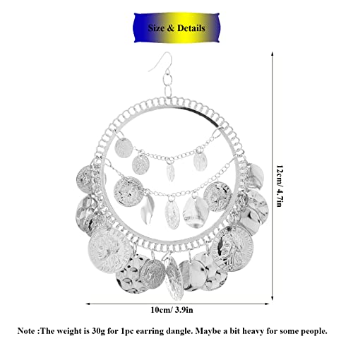 Rechicgu Silver 1Pair Vintage Tribal Rare Coins Big Hoop Banjara Kuchi Belly Dance Chain Boho Gypsy Dangle Earrings,3.9",30G/Pc #TOP6