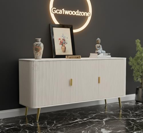 Image of Wooden Sideboard Cabinet for Living Room Storage | Modern Wooden Storage Cabinet with 3 Doors & Shelves | Buffet Console Cabinet for Dining Room, Bedroom & Hallway | Warm White | 150 cm