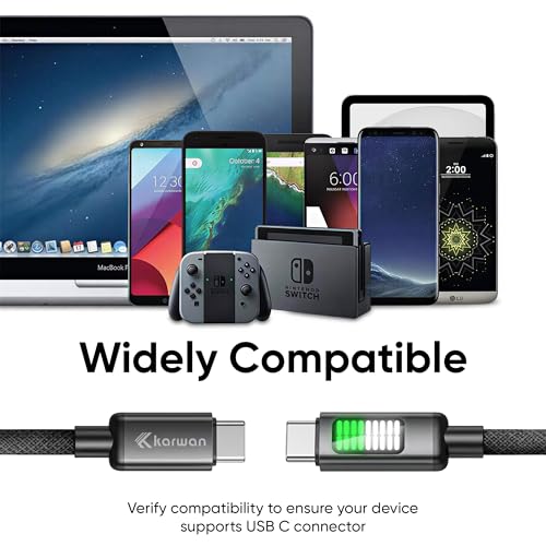 Image of KARWAN 100W Type C to Type C Cable with LED Indicator [2Yrs Warranty] USB-C PD Fast Charging Cable with E-Marker Chip, Compatible with Laptops,Macbook,Tablet,iPhone,Smartphones & Other Type C Devices