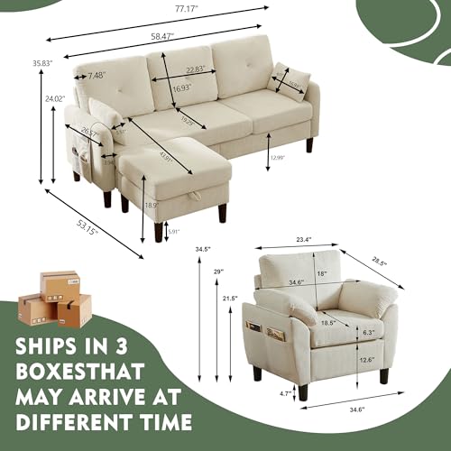 Image of 3 Pieces Sofa Set for Living Room with Sofa, Storage Ottoman and Single Chair