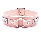 EverGlimp Pink Leather O-Ring Choker Necklace for Women, Adjustable PU Collar with Rhinestone Letters, Gothic Punk Jewelry (CS)