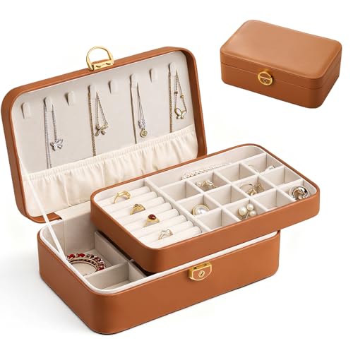 Vinnatsu ジュエリーボックス アクセサリーケースPUレザージュエリーケース 軽量 宝石箱 ジュエリー収納 鍵付き アクセサリー 収納 ボックス アクセサリー収納 ビーズ収納 オーガナイザー 分割 取り外し可 小物入れ 着脱式の仕切り付き 女の子 女性用 (レトロブラウン)のサムネイル