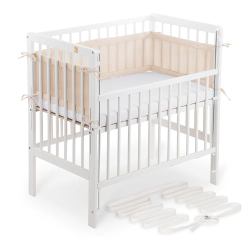 FabiMax Boxspring Baby Beistellbett Flex 90x55, TÜV geprüft, aus Buchenholz weiß lackiert, mit innovativem verstellbarem Seitengitter, passend für Boxspringbetten (Matratze Classic, Beige)