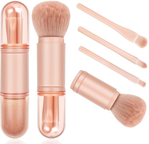 Stvin 4 in 1 Makeup Brush Set Professional with Protected Case, Synthetic Bristles – Easy Blending for Foundation, Blush, Eyeshadow for Travel & Daily Use, 4 Pcs (Rose-Gold)