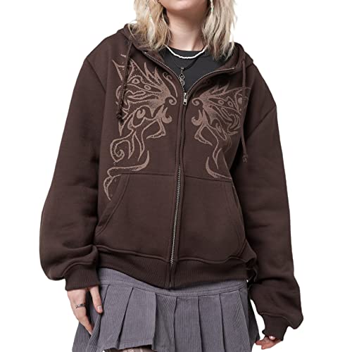 Harajuku - Sudadera con capucha para mujer, estilo vintage, manga larga, con cremallera, estampado grunge, casual, con bolsillos, marrón, L Cover