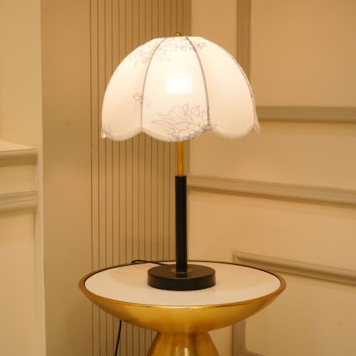 Image of Floral Dome Table Lamp with Metal Base, Cotton Printed Flower Fabric Shade 45cm Height in Black & Gold Base (Led Bulb Included)