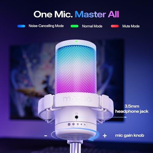 Image of MAONO USB Gaming Microphone for PC, Noise Cancellation Condenser Mic with RGB, Mute, Gain, Computer Desk Mic for Streaming, Podcast, Chat, Twitch, YouTube, Discord, PS5, PS4, GamerWave DGM20 White