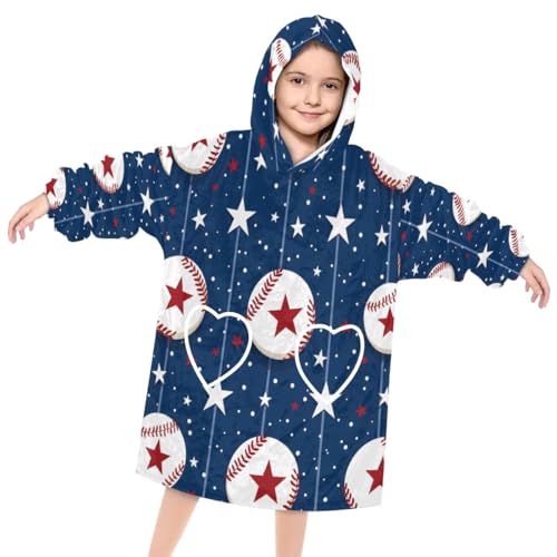 Pardick Wearable Blanket Hoodie for Kids, Colorful Baseball Fleece Sweatshirt Blanket Oversized Blanket Sweatshirt with Pocket Flannel Warm Hooded Blanket 6-10 Year Old Girl Boy Gift, One Size
