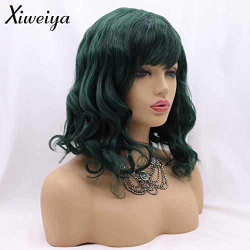 Xiweiya Wigs Short Curly Bob Wig Dark Green Hair With Air Bangs Shoulder Bob Synthetic Wigs None Lace Front Wig Cosplay For Women, Girl Colorful Costume Wig14 Inches(Dark Green) #TOP1