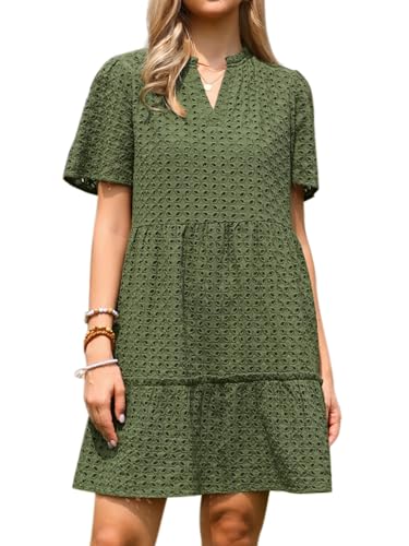 Allegra K Vestido de Verano 2026 para Mujer Manga Corta Escote en V Volantes Minivestidos de Vacaciones Ejercito Verde XL