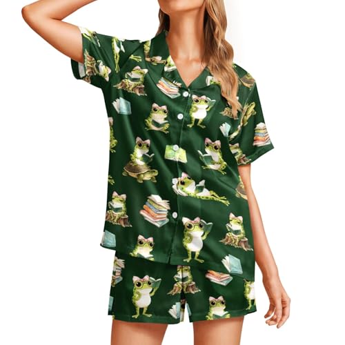 Image of Funny Pajamas for Women Set Print Satin Loungewear Pjs Short Sleeve Button Down Top and Shorts Sets Sleepwear XS-3XL